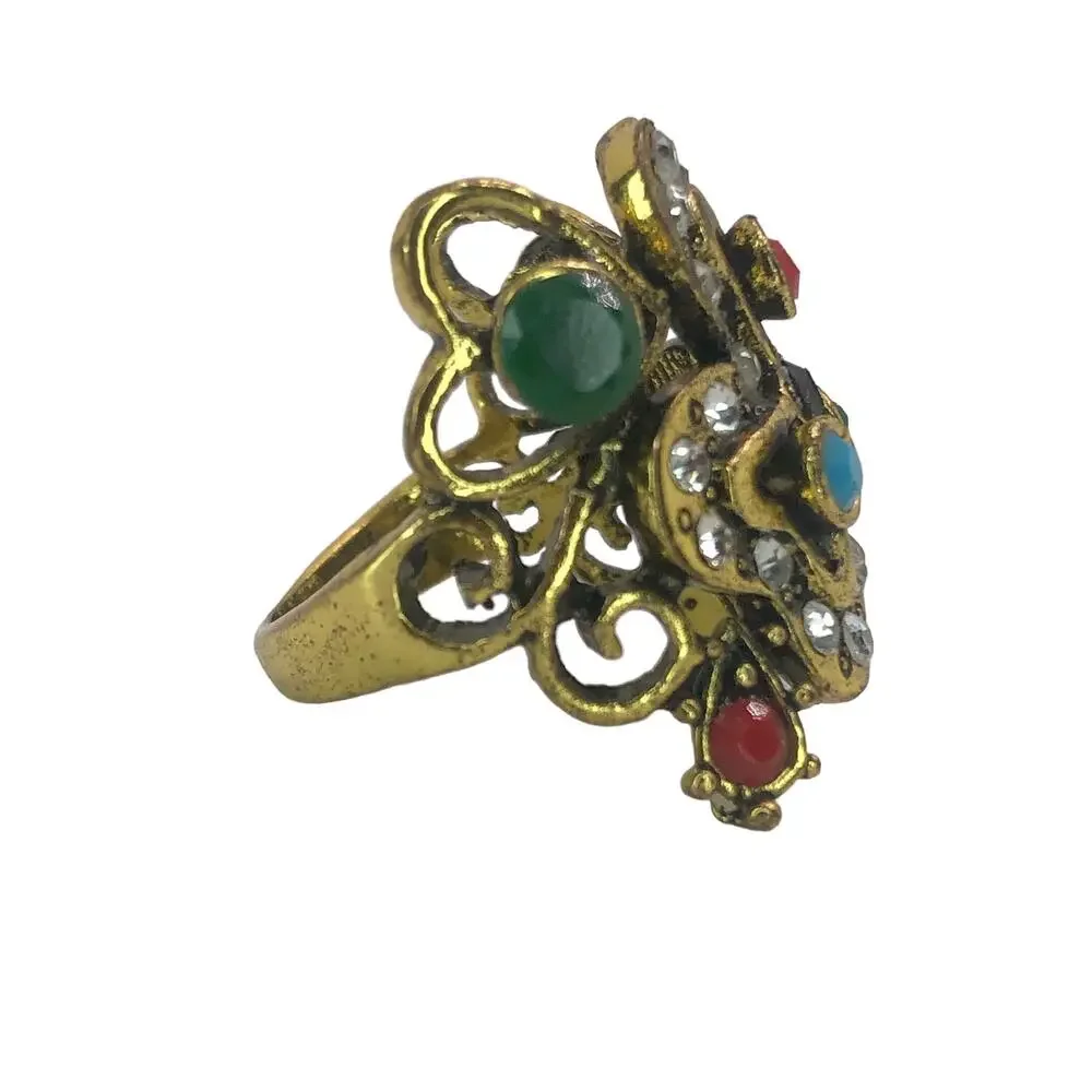 Gold and Multicolor Rhinestone Statement Ring - Size 9